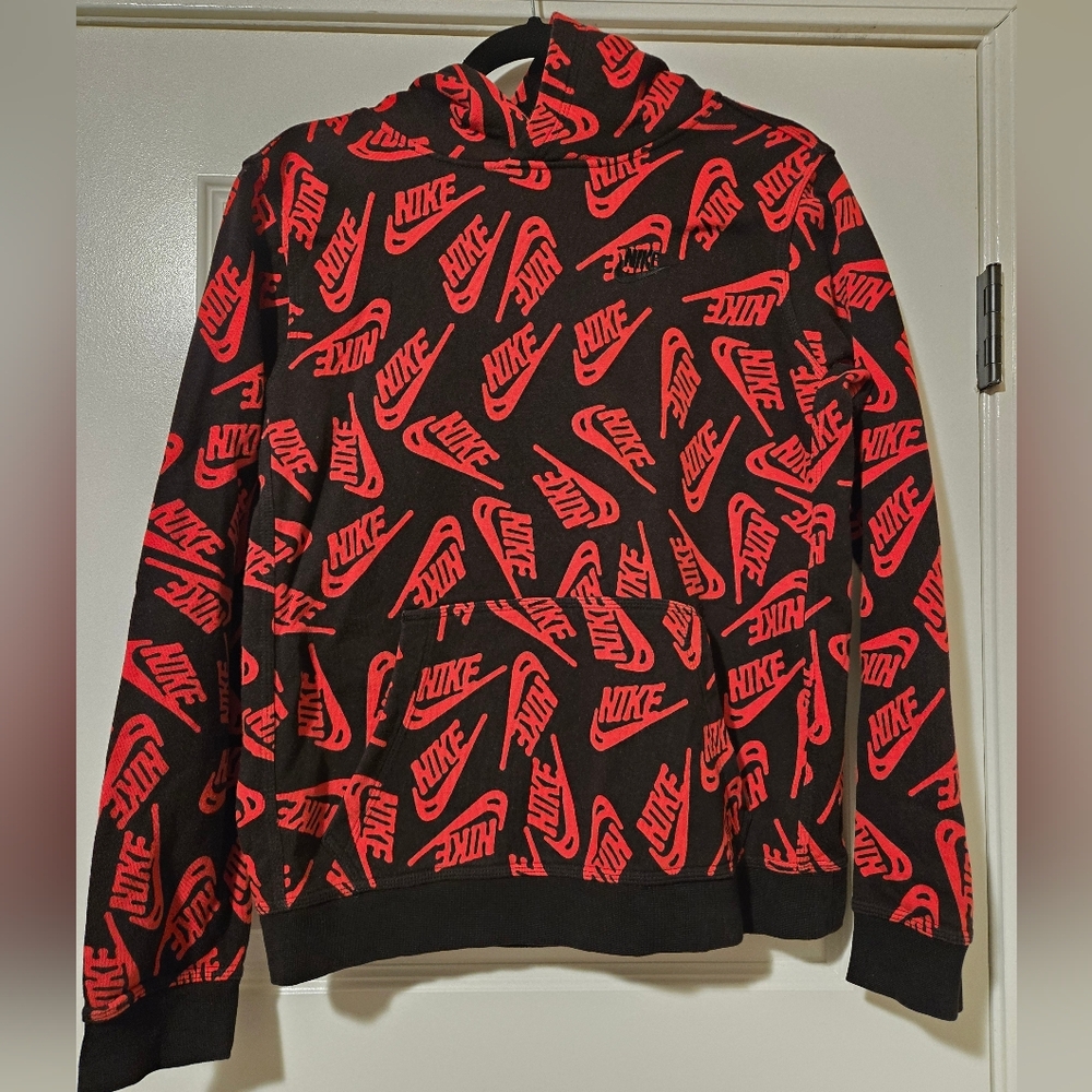 Kid's Nike Red and Black Logo Pullover Sweater Hoodie Logo All Over, Size XL